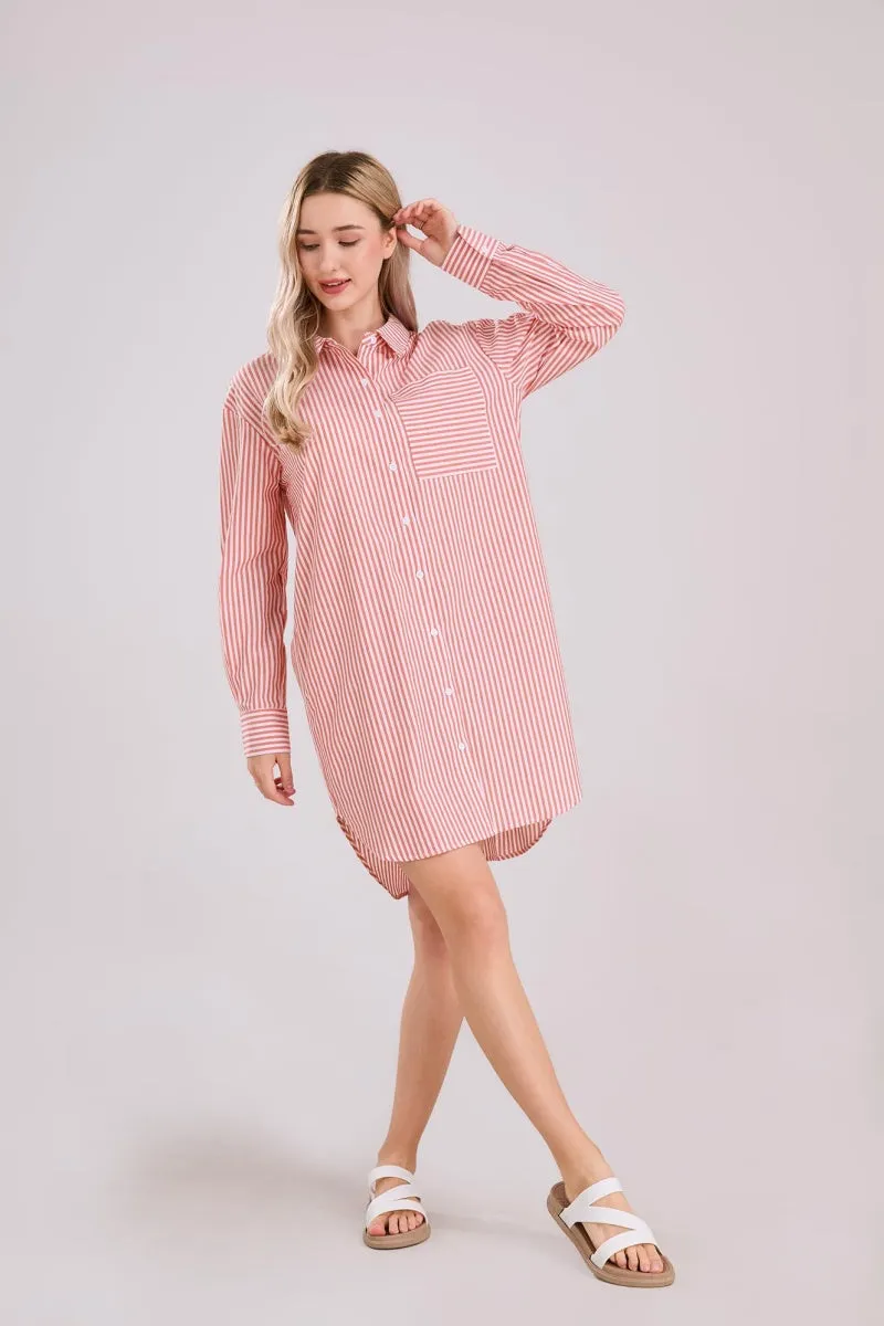 Chouyatou Women's Casual Loose Long Sleeve Striped Button Down Mini Shirts Dress with Pocket