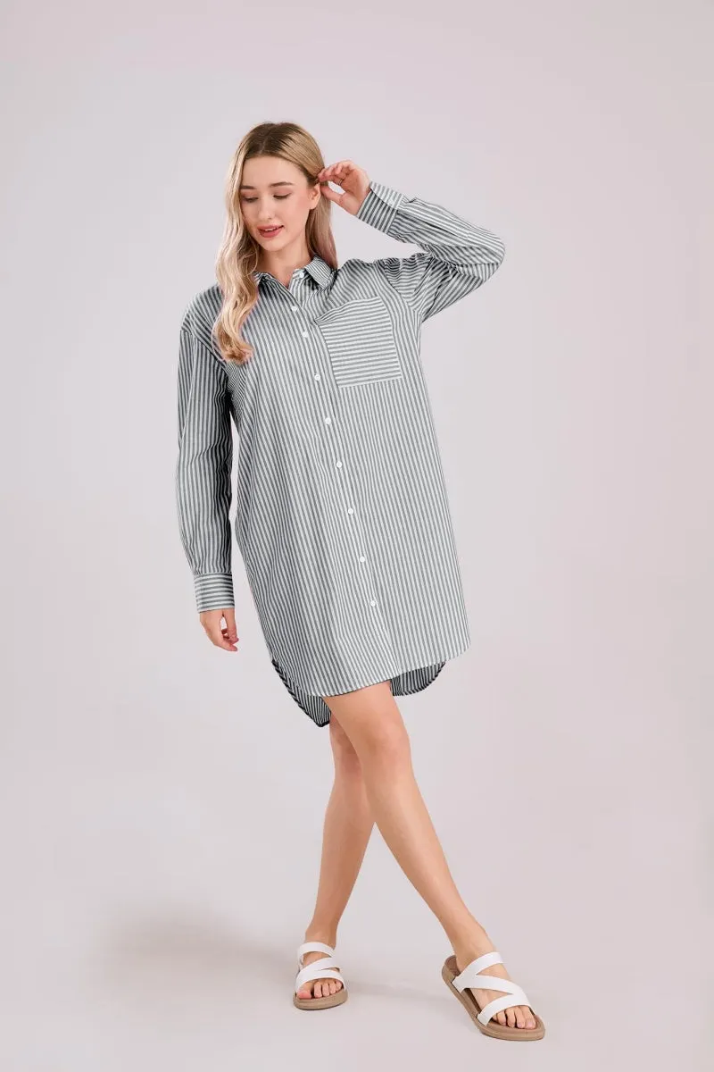 Chouyatou Women's Casual Loose Long Sleeve Striped Button Down Mini Shirts Dress with Pocket