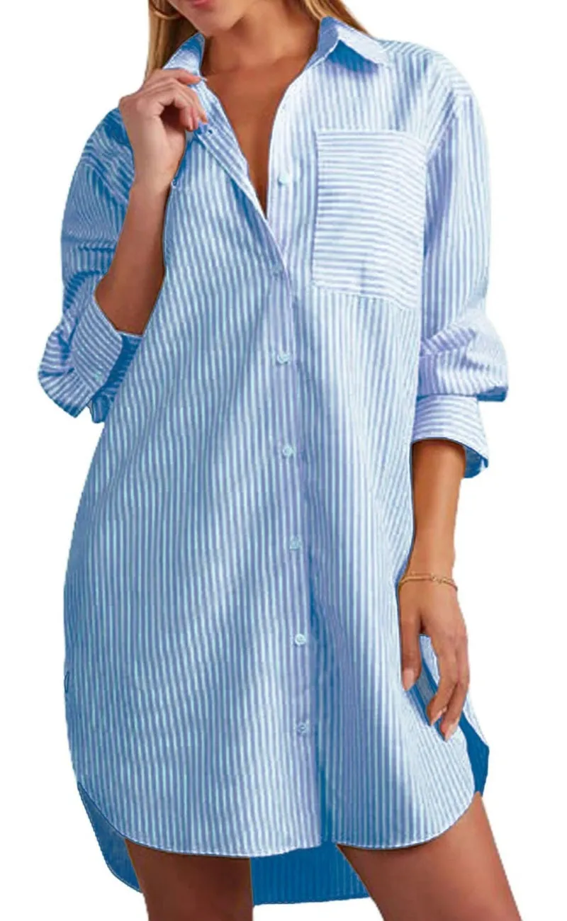 Chouyatou Women's Casual Loose Long Sleeve Striped Button Down Mini Shirts Dress with Pocket