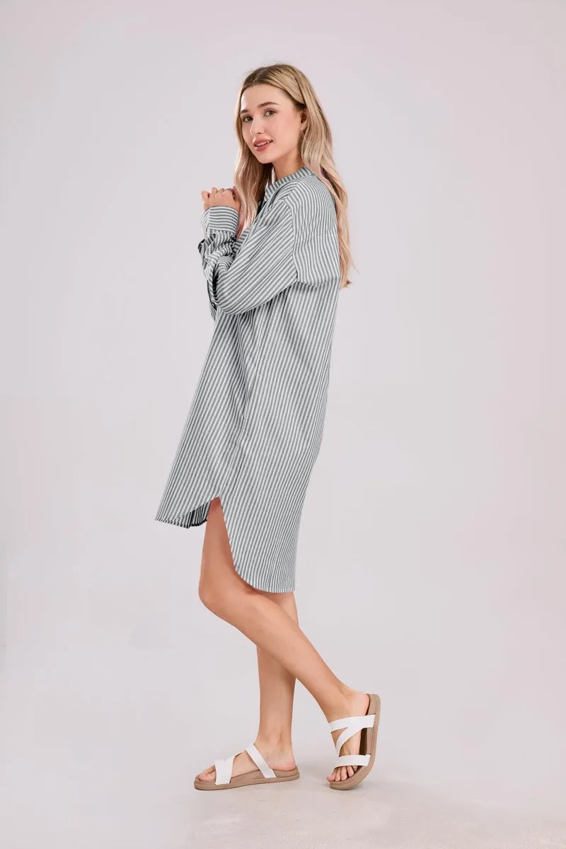 Chouyatou Women's Casual Loose Long Sleeve Striped Button Down Mini Shirts Dress with Pocket