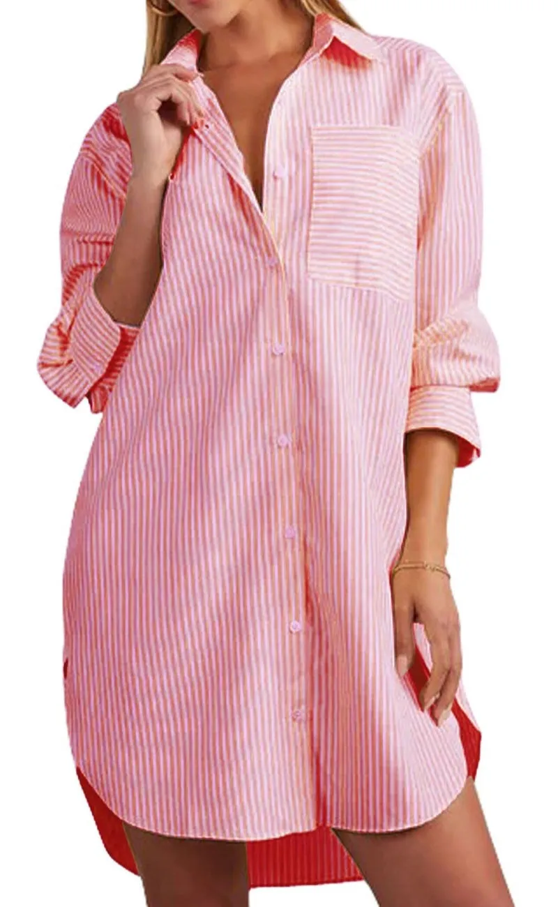 Chouyatou Women's Casual Loose Long Sleeve Striped Button Down Mini Shirts Dress with Pocket