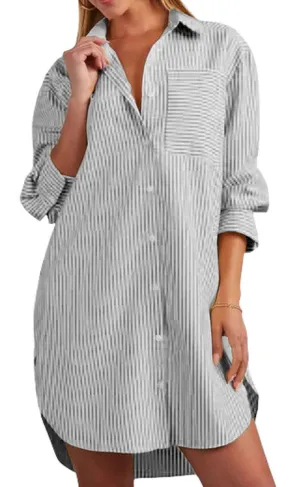 Chouyatou Women's Casual Loose Long Sleeve Striped Button Down Mini Shirts Dress with Pocket