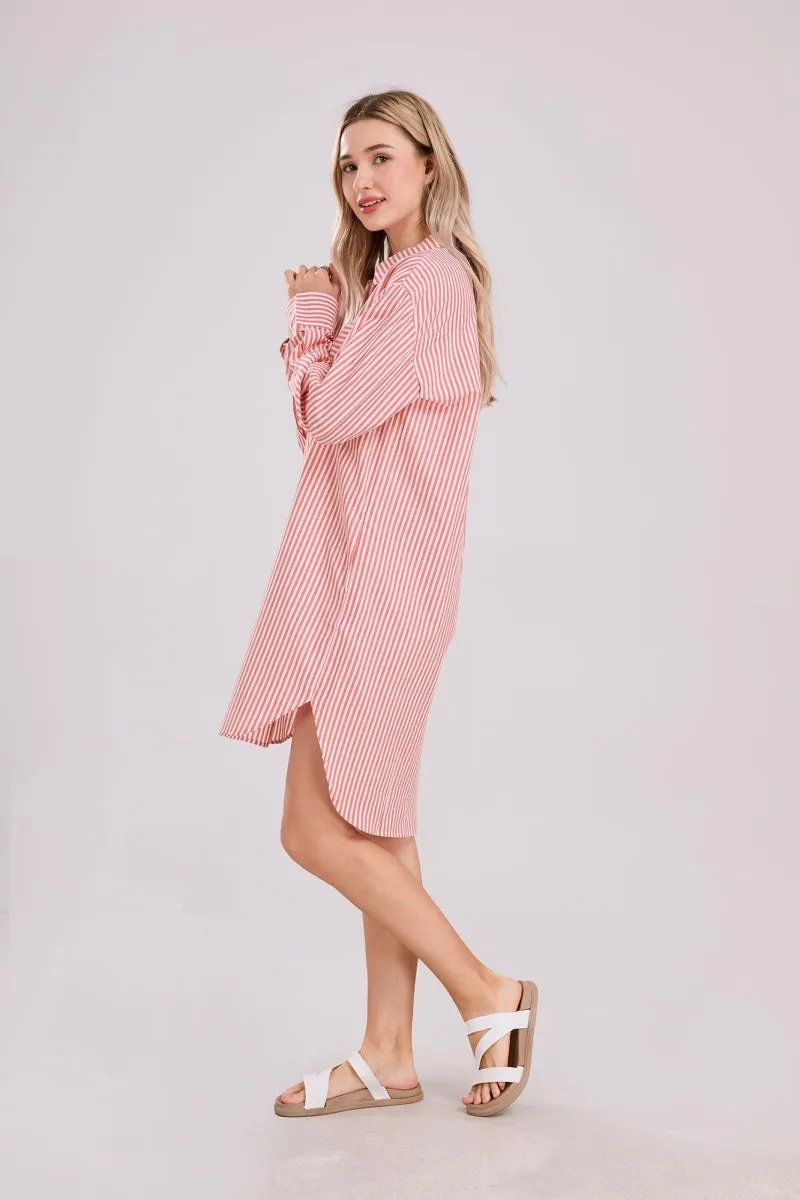 Chouyatou Women's Casual Loose Long Sleeve Striped Button Down Mini Shirts Dress with Pocket