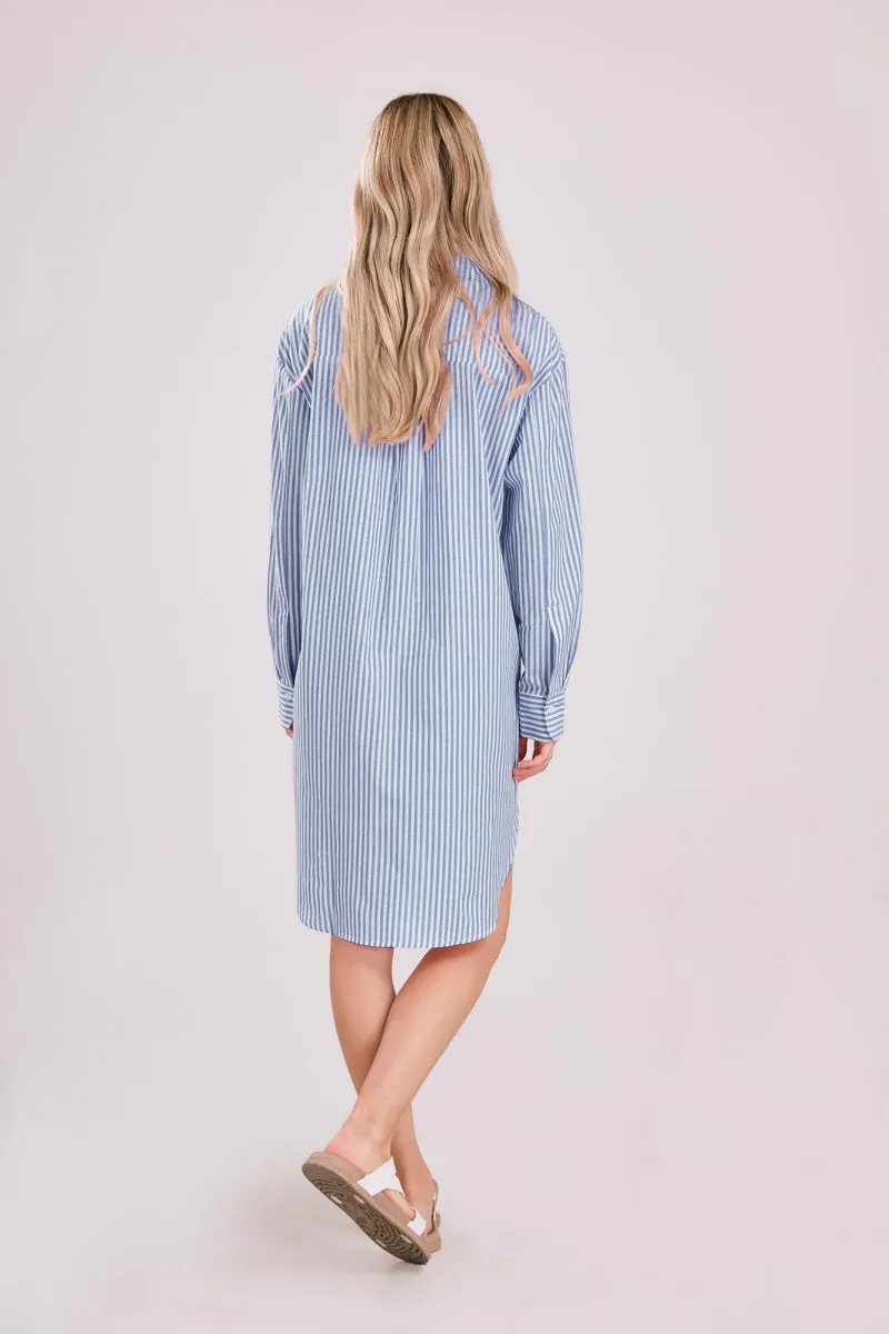 Chouyatou Women's Casual Loose Long Sleeve Striped Button Down Mini Shirts Dress with Pocket