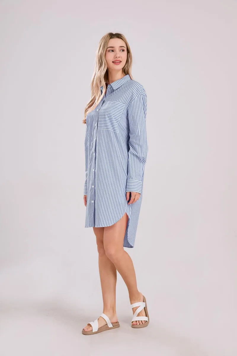 Chouyatou Women's Casual Loose Long Sleeve Striped Button Down Mini Shirts Dress with Pocket