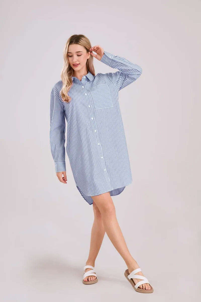 Chouyatou Women's Casual Loose Long Sleeve Striped Button Down Mini Shirts Dress with Pocket