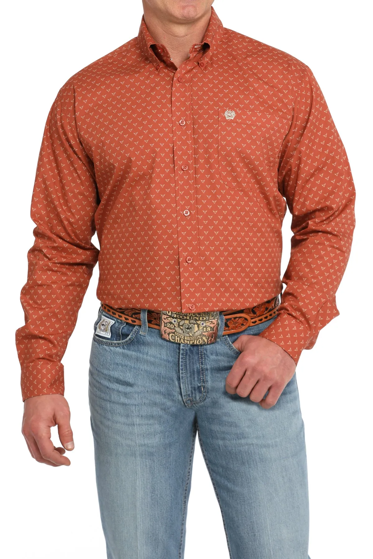 Cinch Orange Steer Print Button-Down Shirt for Men