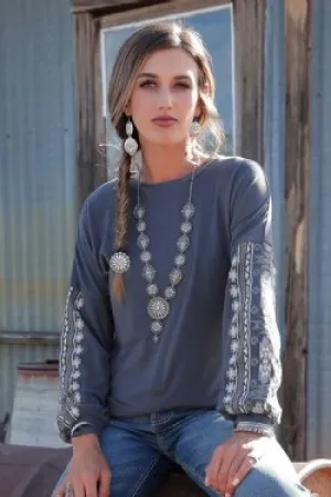 CLCTK7458002 CHR-Grey  Ladies L/S Sweater Embroidered Sleeve - Charcoal