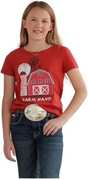 CLCTK8910001-Red Girls Cruel Girl Tee w/ Barn "Farmhand"