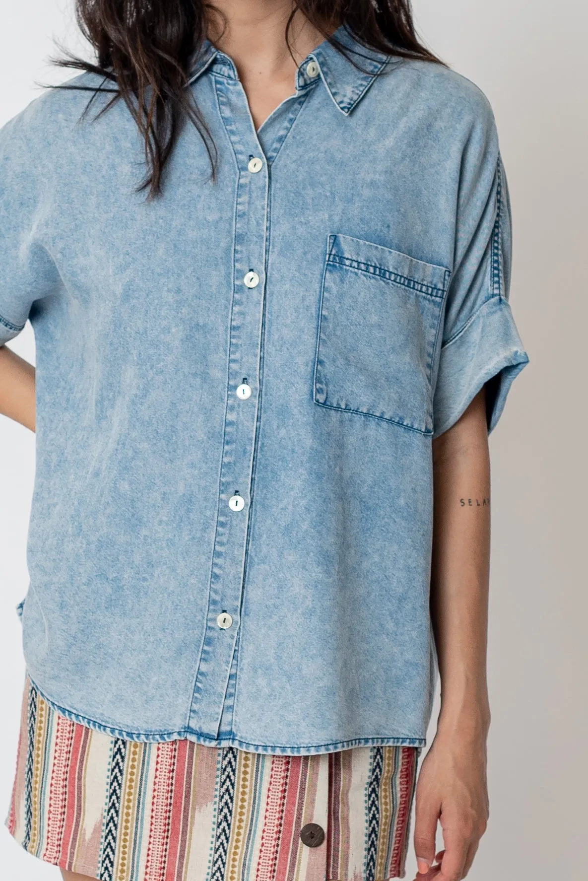 Clear Skies Denim Button Down Shirt Short Sleeve