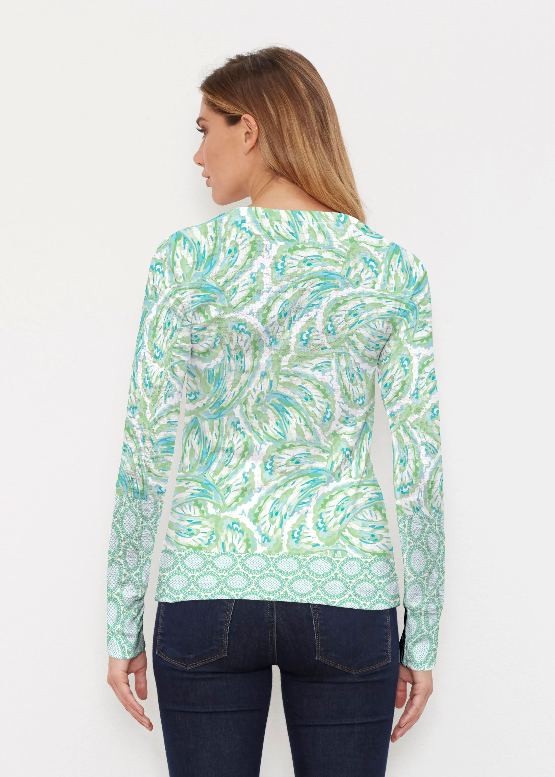 Coastal Paisley Lace Green (7690) ~ Thermal Long Sleeve Crew Shirt