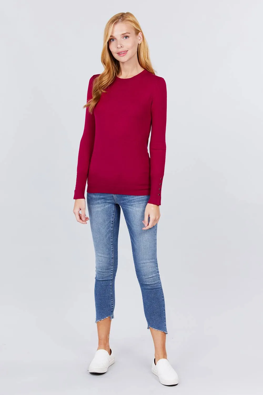 Crew Neck Sweater W/rivet Button