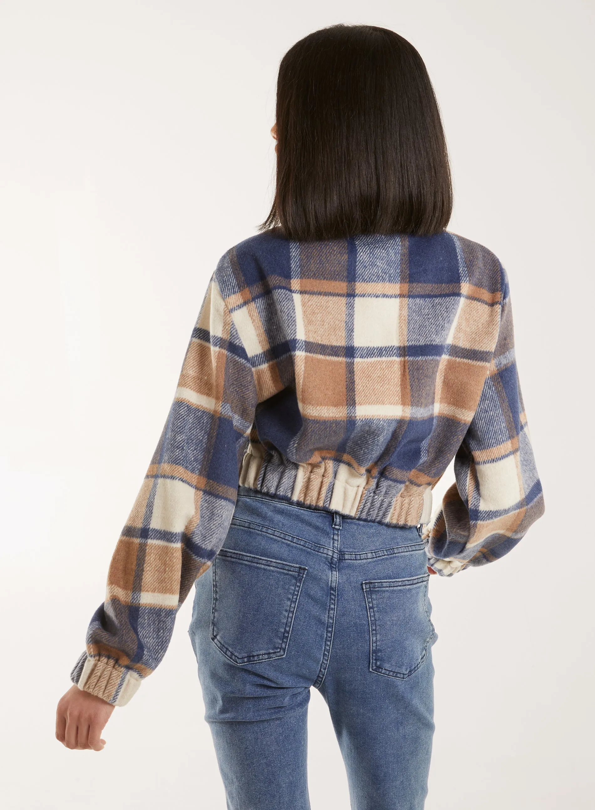Cropped Tartan Style Fleece Jacket