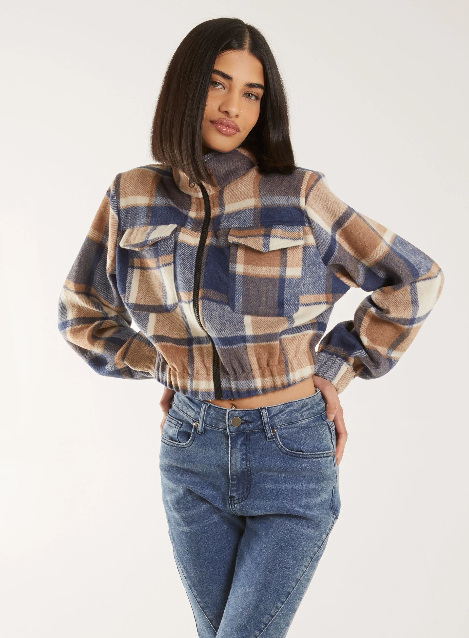 Cropped Tartan Style Fleece Jacket