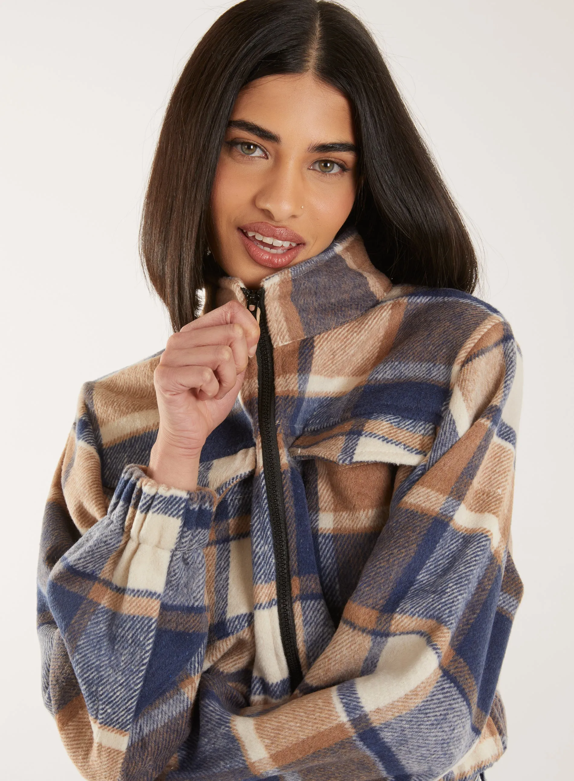 Cropped Tartan Style Fleece Jacket