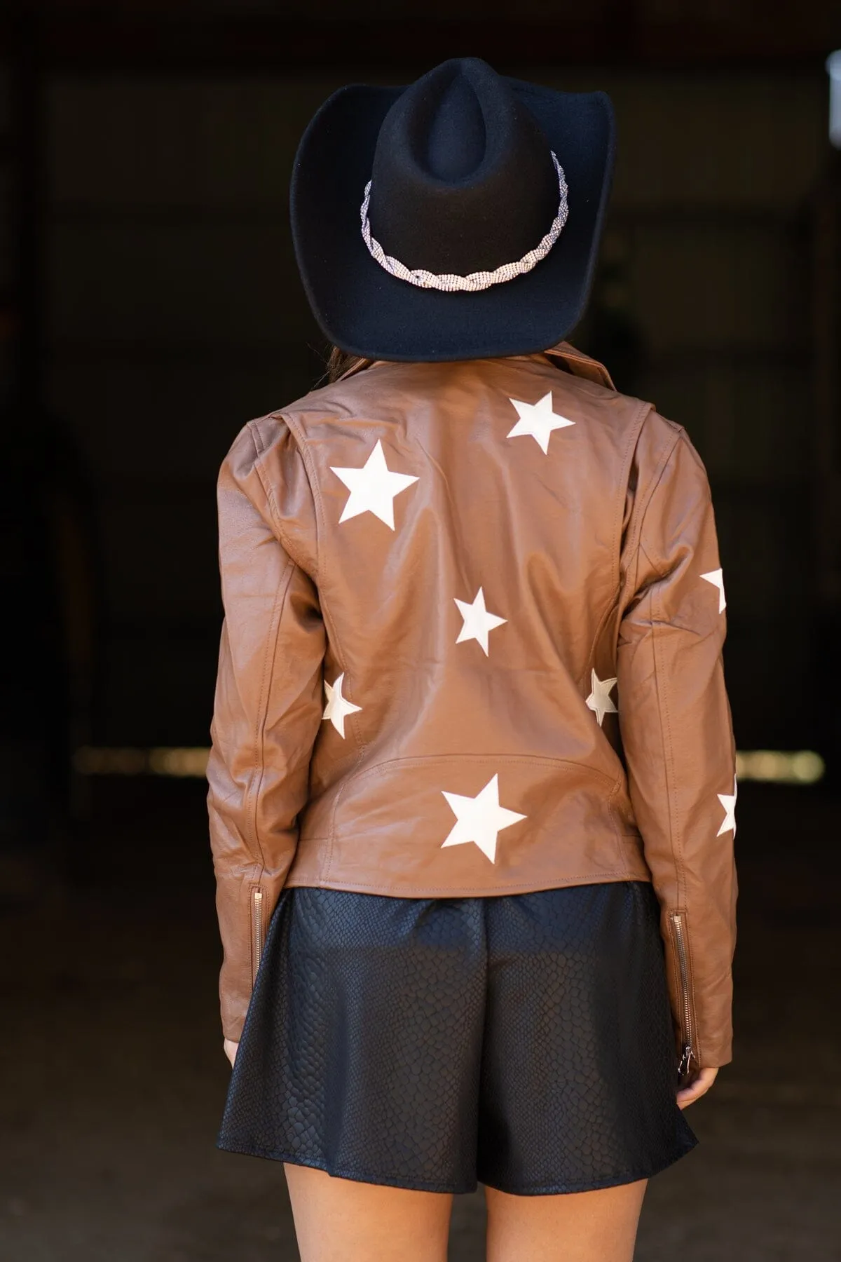 Dark Camel Star Print Faux Leather Moto Jacket