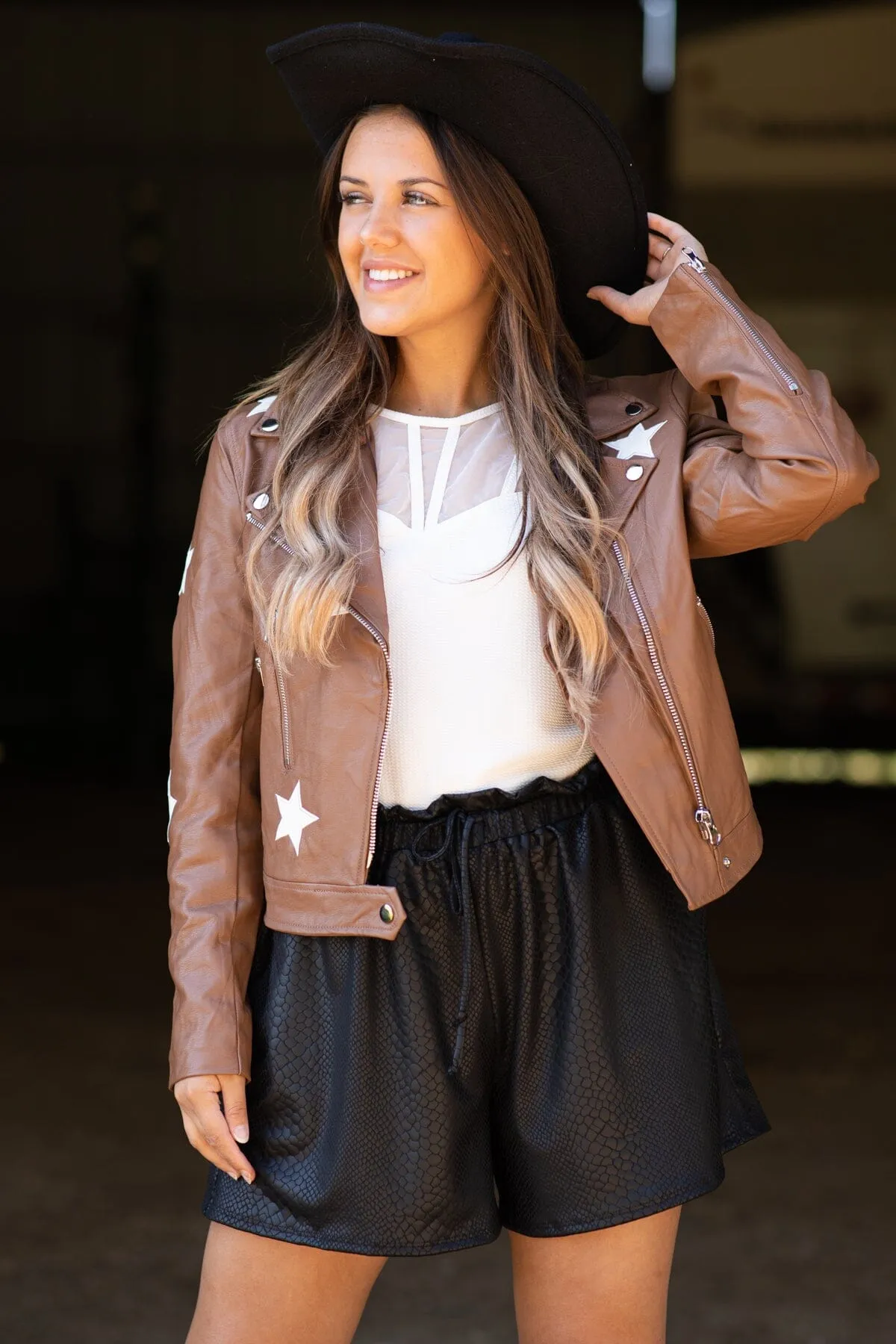 Dark Camel Star Print Faux Leather Moto Jacket