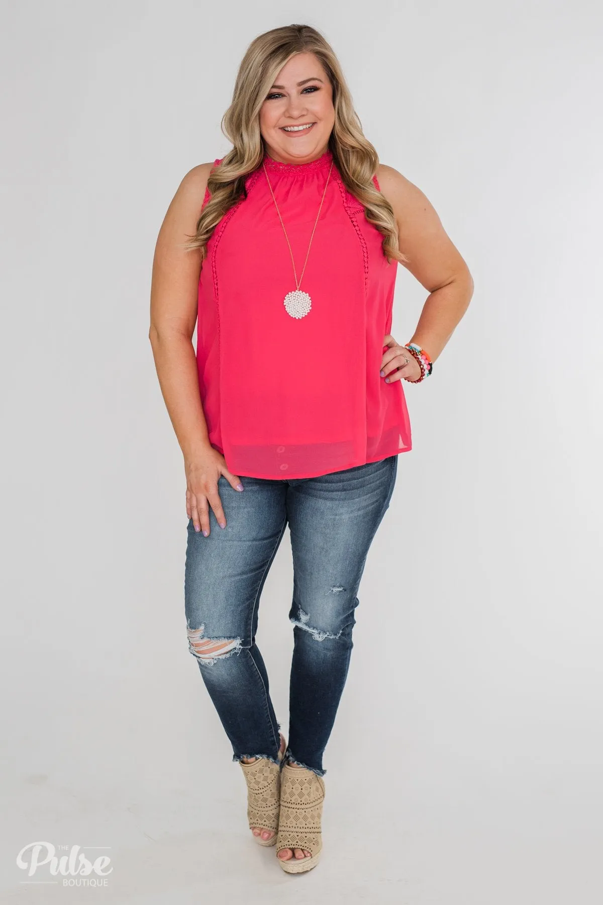 Detailed in Lace Tank Top- Hot Pink