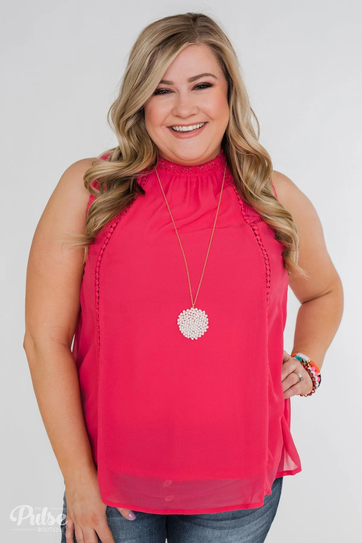 Detailed in Lace Tank Top- Hot Pink
