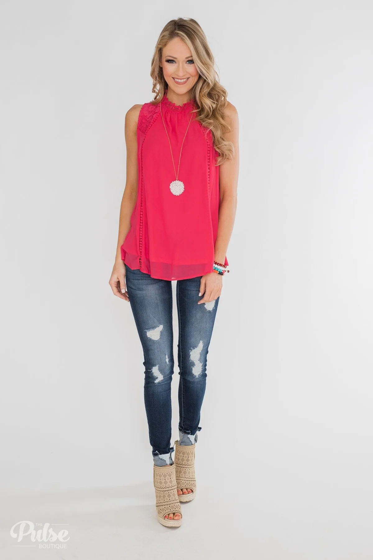 Detailed in Lace Tank Top- Hot Pink