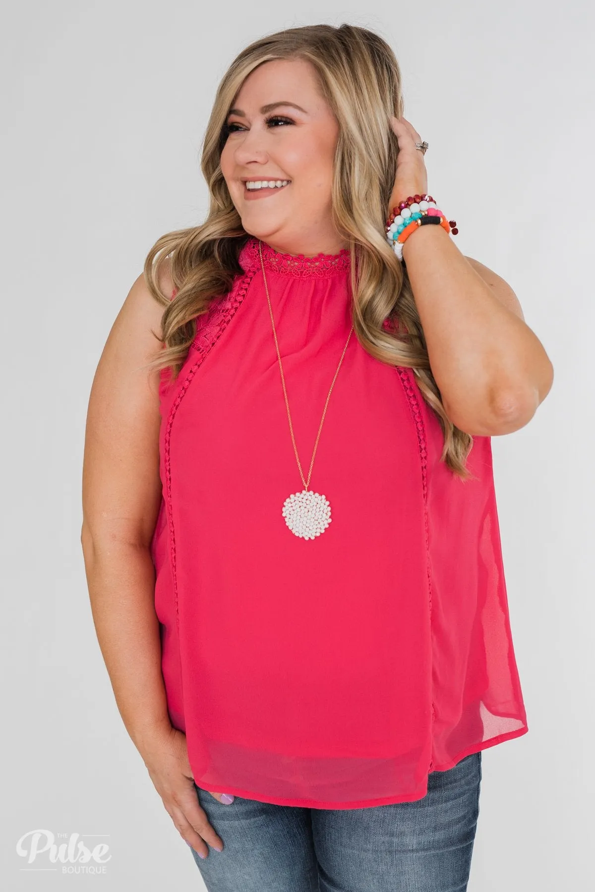 Detailed in Lace Tank Top- Hot Pink