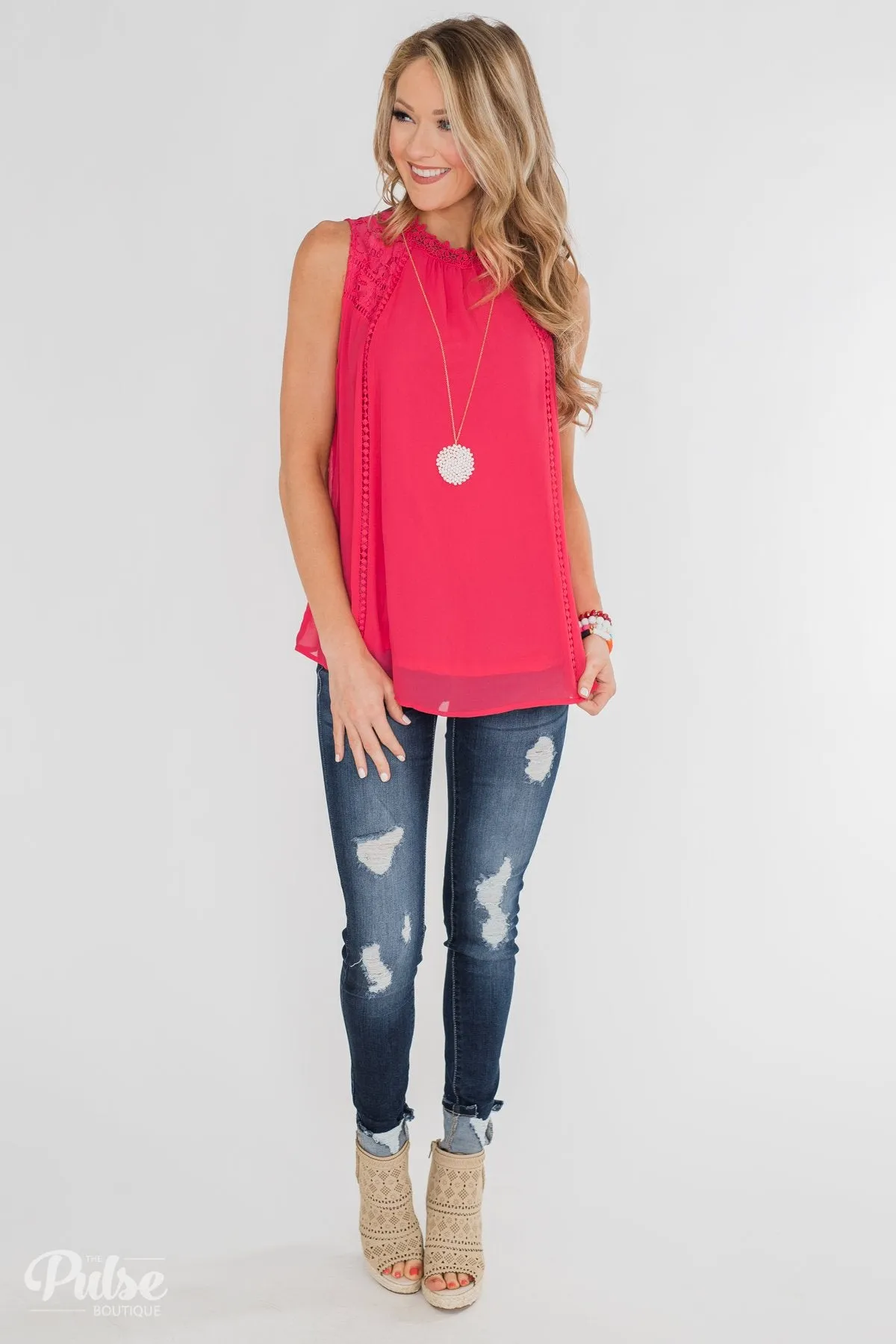 Detailed in Lace Tank Top- Hot Pink