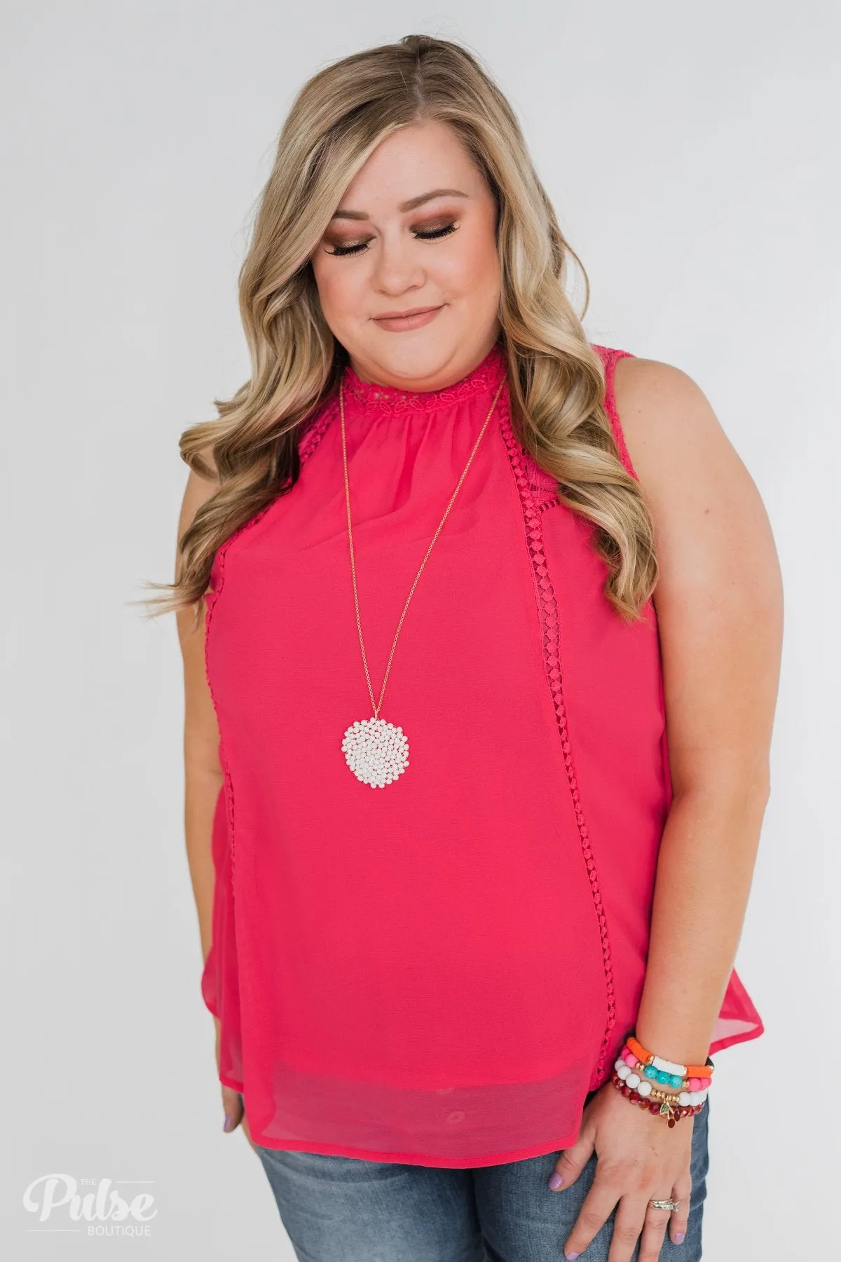 Detailed in Lace Tank Top- Hot Pink