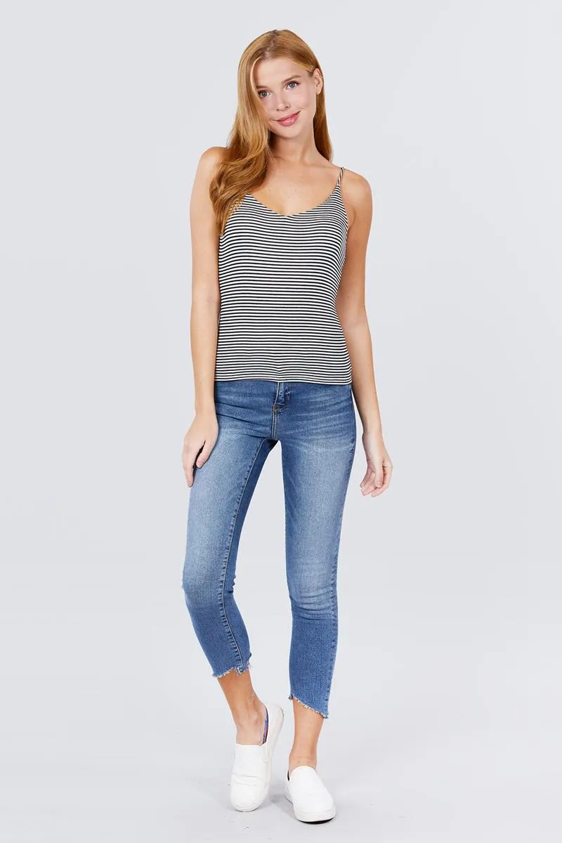 Double V-neck 2 Ply Stripe Rib Knit Cami Top