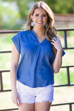 Dusty Blue Chambray V-Neck Top
