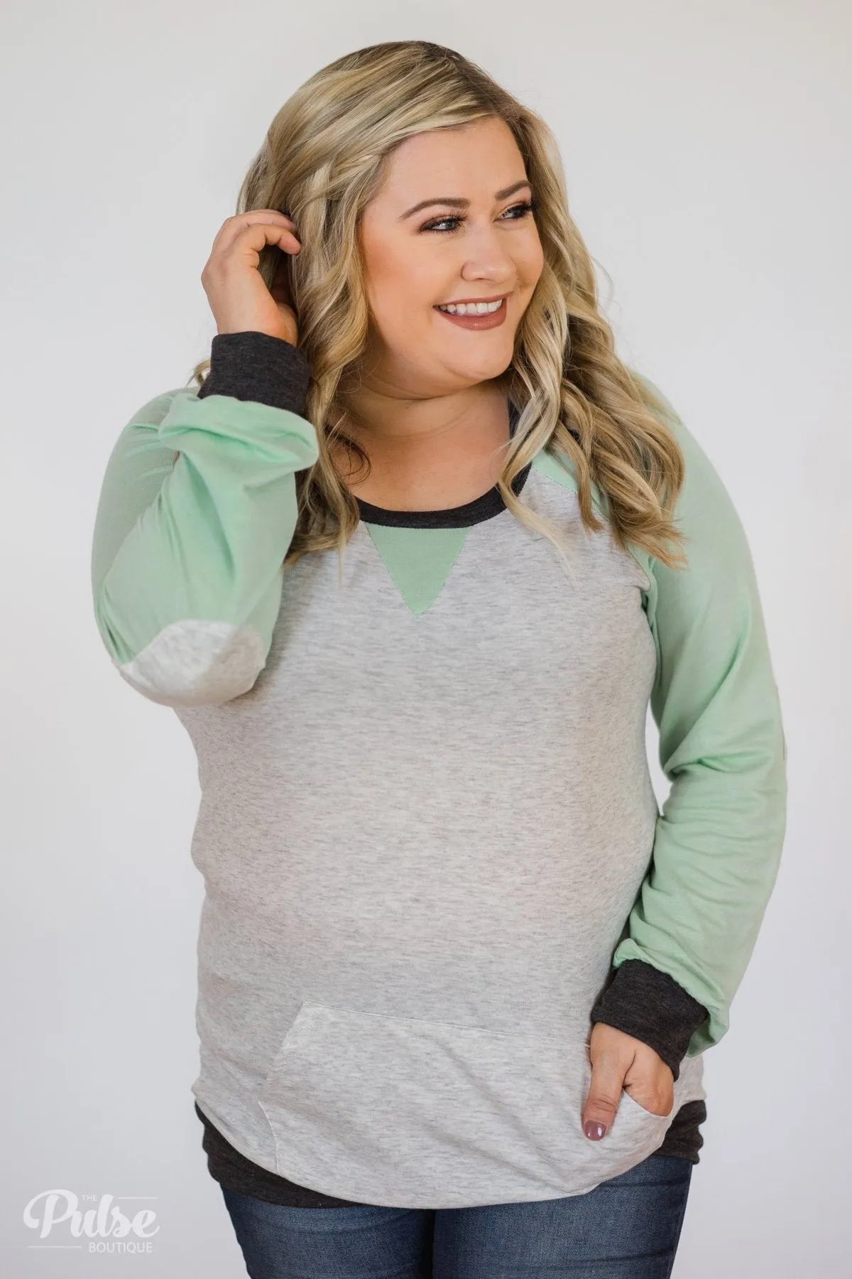 Elbow Patch Color Block Pullover Top- Mint, Charcoal, Grey
