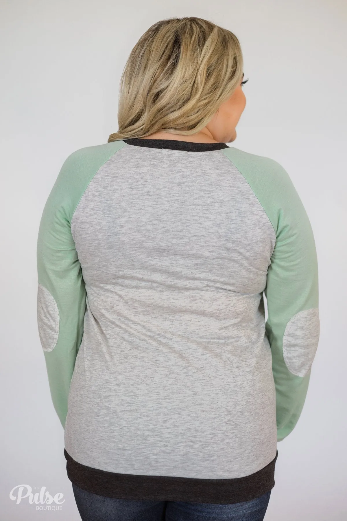 Elbow Patch Color Block Pullover Top- Mint, Charcoal, Grey