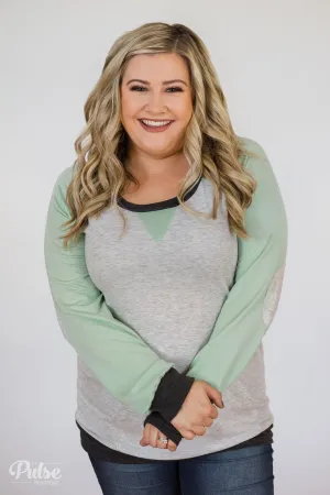 Elbow Patch Color Block Pullover Top- Mint, Charcoal, Grey