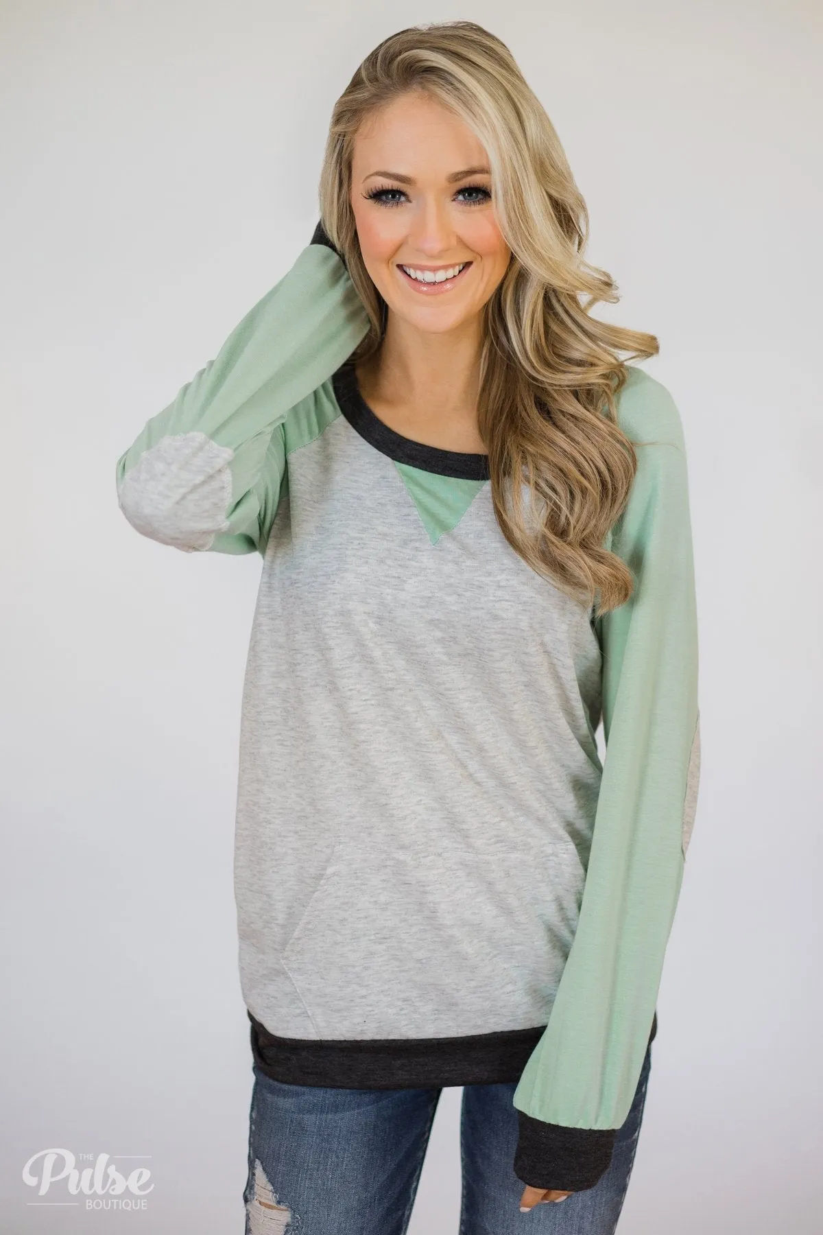 Elbow Patch Color Block Pullover Top- Mint, Charcoal, Grey