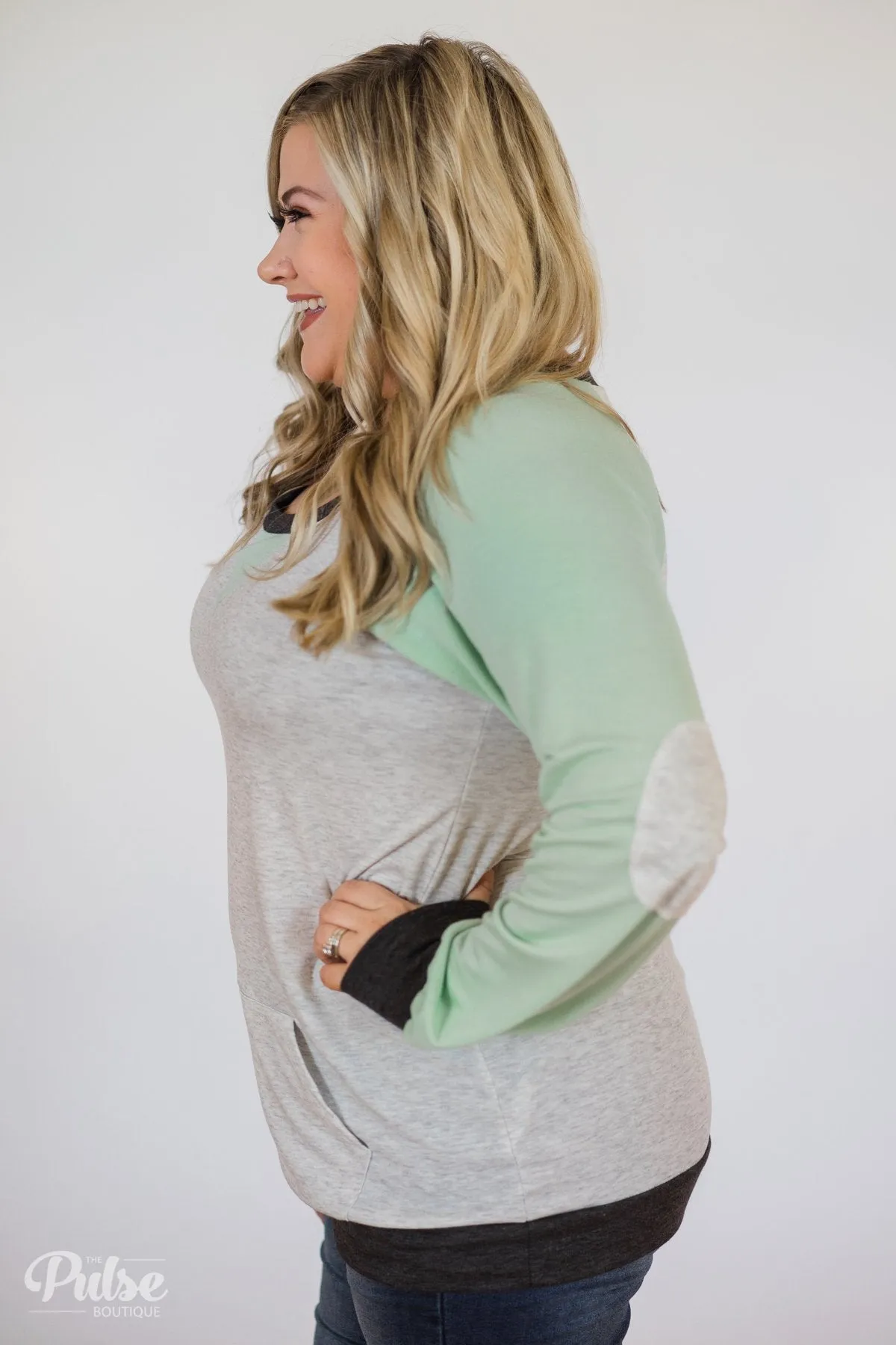 Elbow Patch Color Block Pullover Top- Mint, Charcoal, Grey