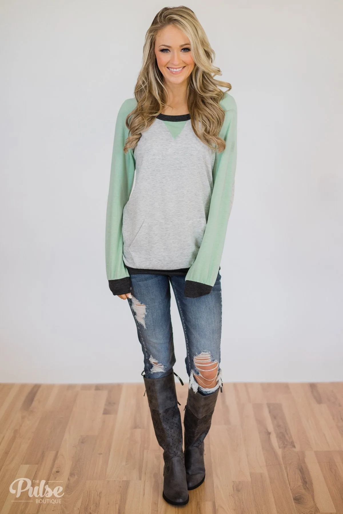 Elbow Patch Color Block Pullover Top- Mint, Charcoal, Grey