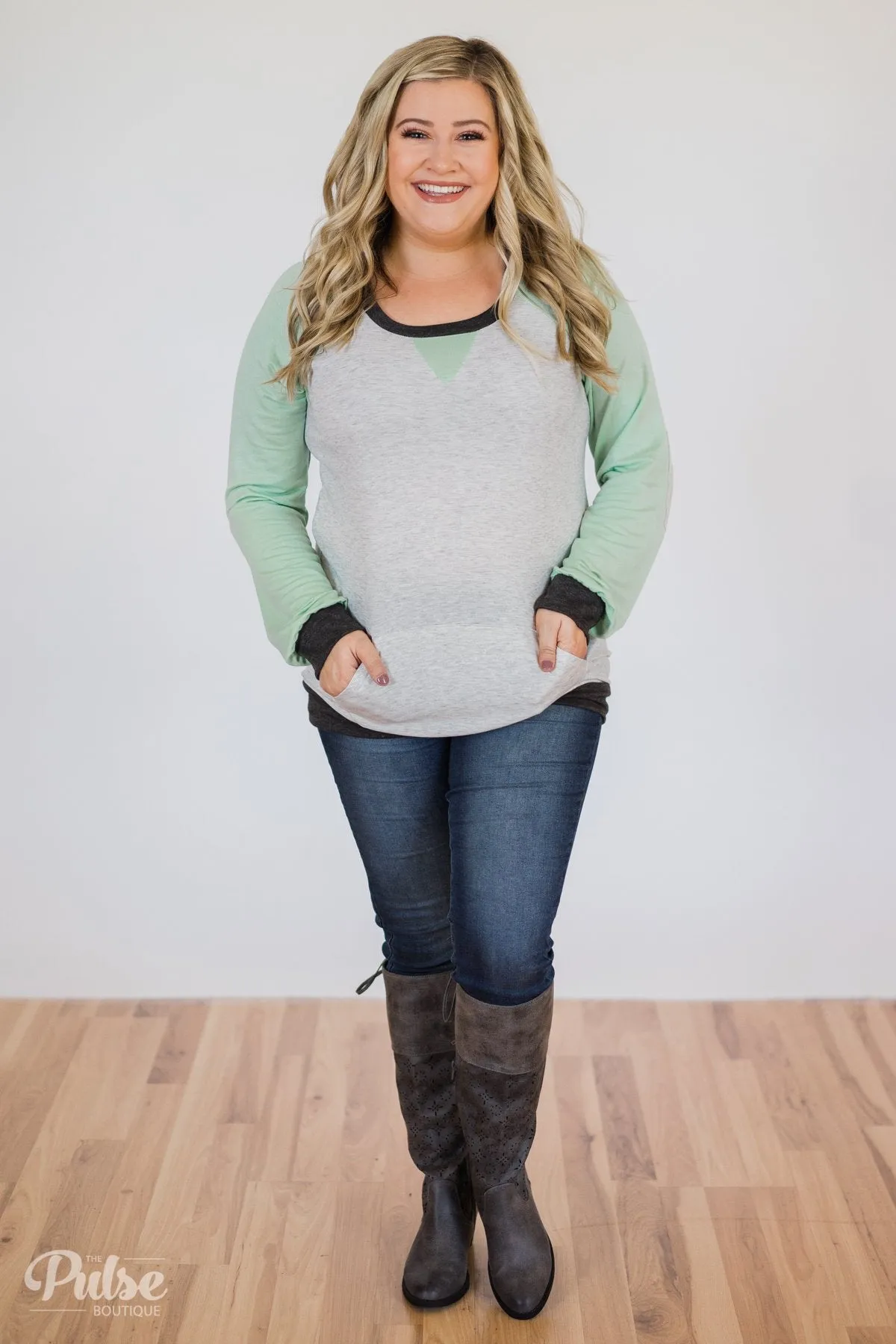 Elbow Patch Color Block Pullover Top- Mint, Charcoal, Grey
