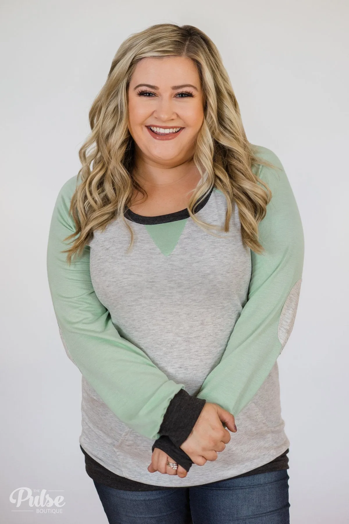 Elbow Patch Color Block Pullover Top- Mint, Charcoal, Grey