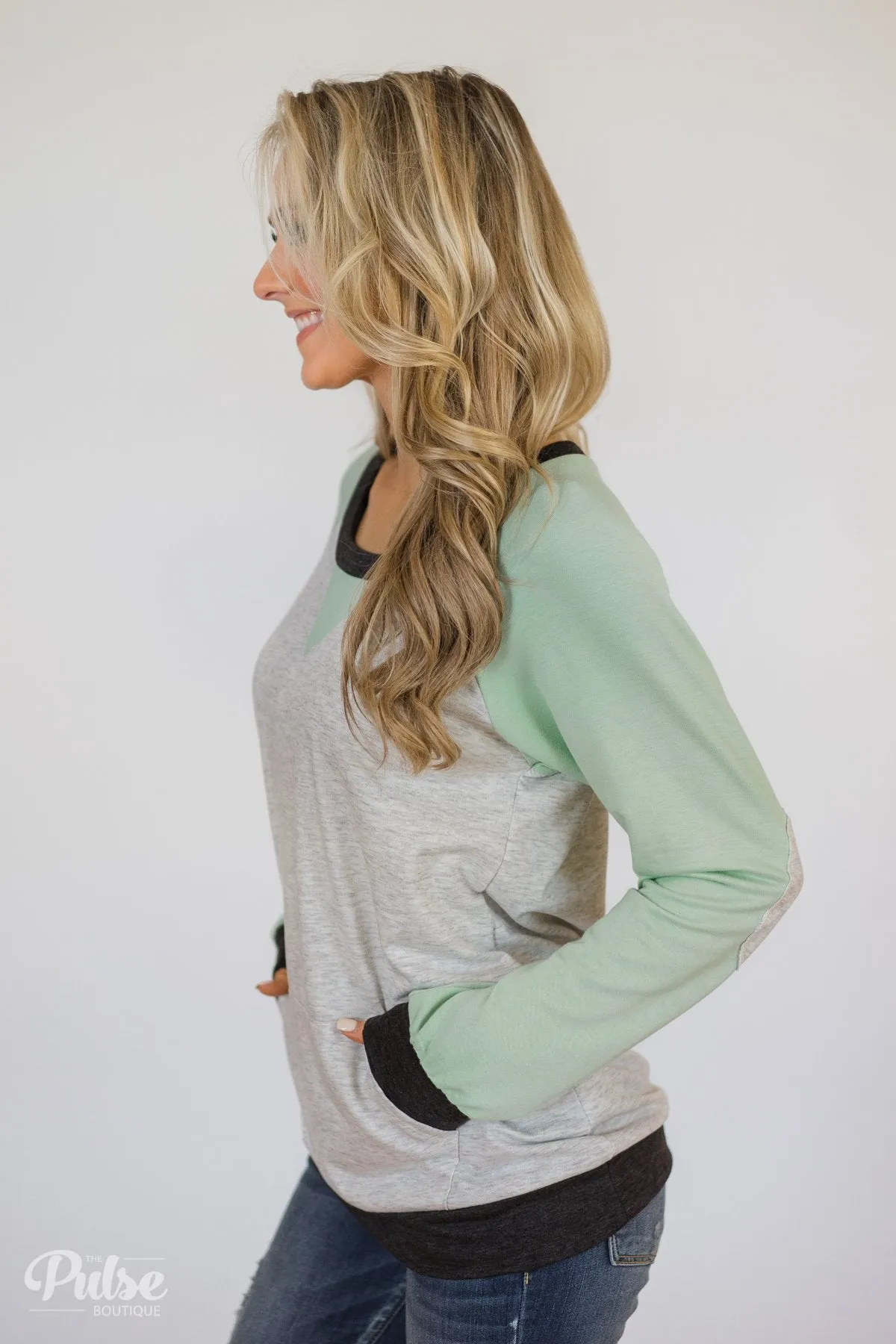 Elbow Patch Color Block Pullover Top- Mint, Charcoal, Grey