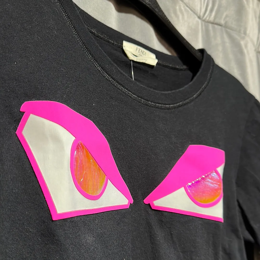 Fendi Black Crew Neck T with Neon Pink Eyes