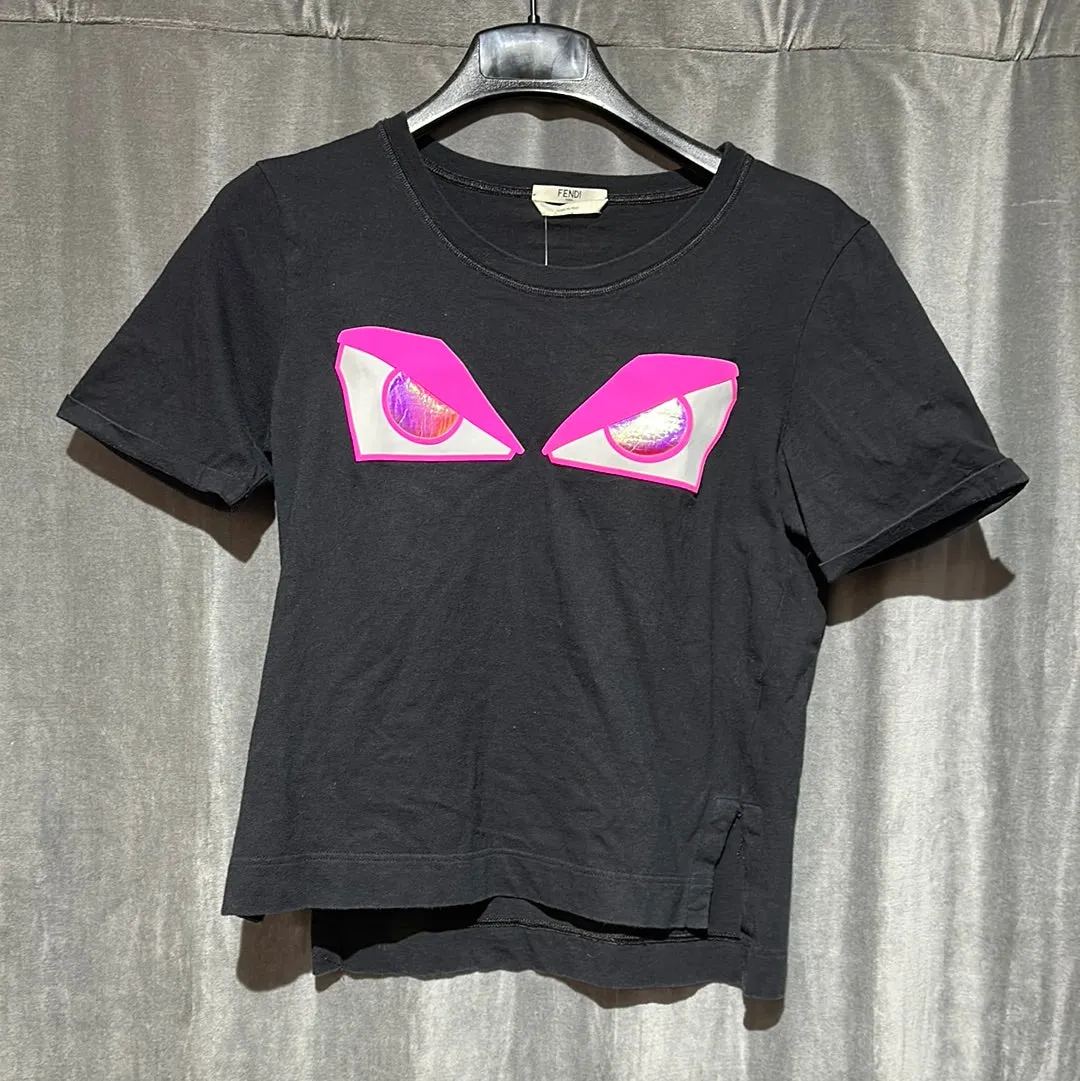 Fendi Black Crew Neck T with Neon Pink Eyes