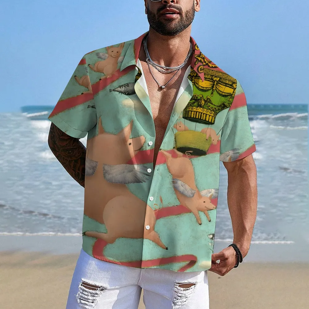 Flying Pig Cartoon Print Casual Large Size Short Sleeve Shirt 2407005322
