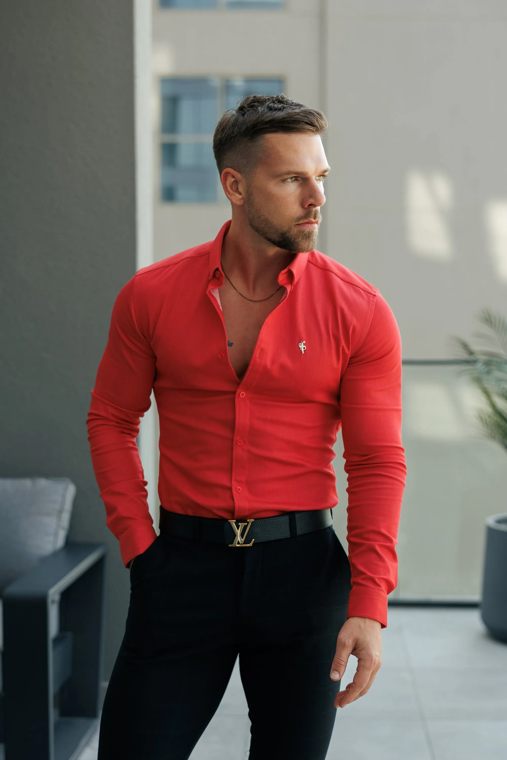 FS Super Slim Stretch Postbox Red Denim Long Sleeve with Button Down Collar - FS1134