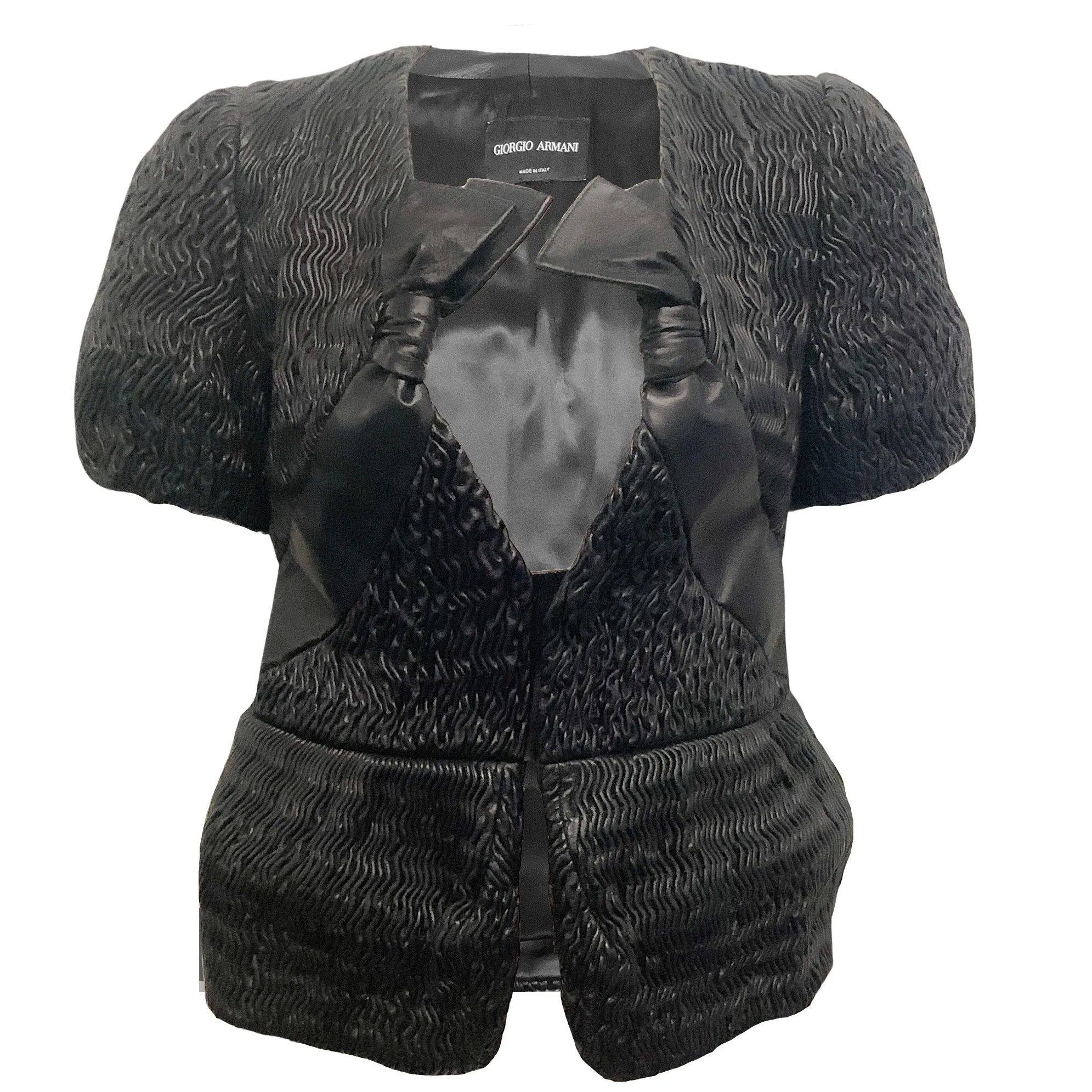 Giorgio Armani Black Leather Puckered Short Sleeved Jacket