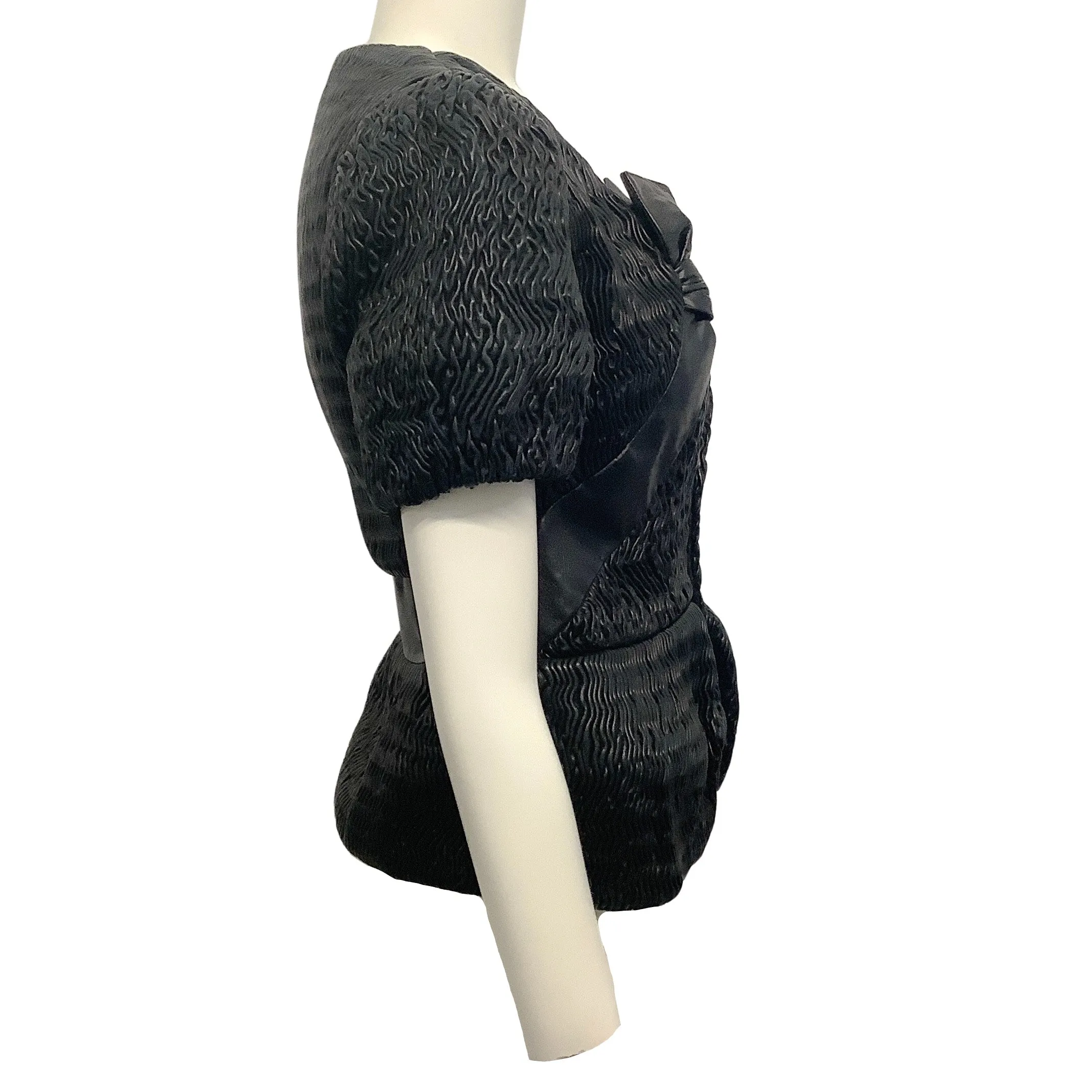 Giorgio Armani Black Leather Puckered Short Sleeved Jacket