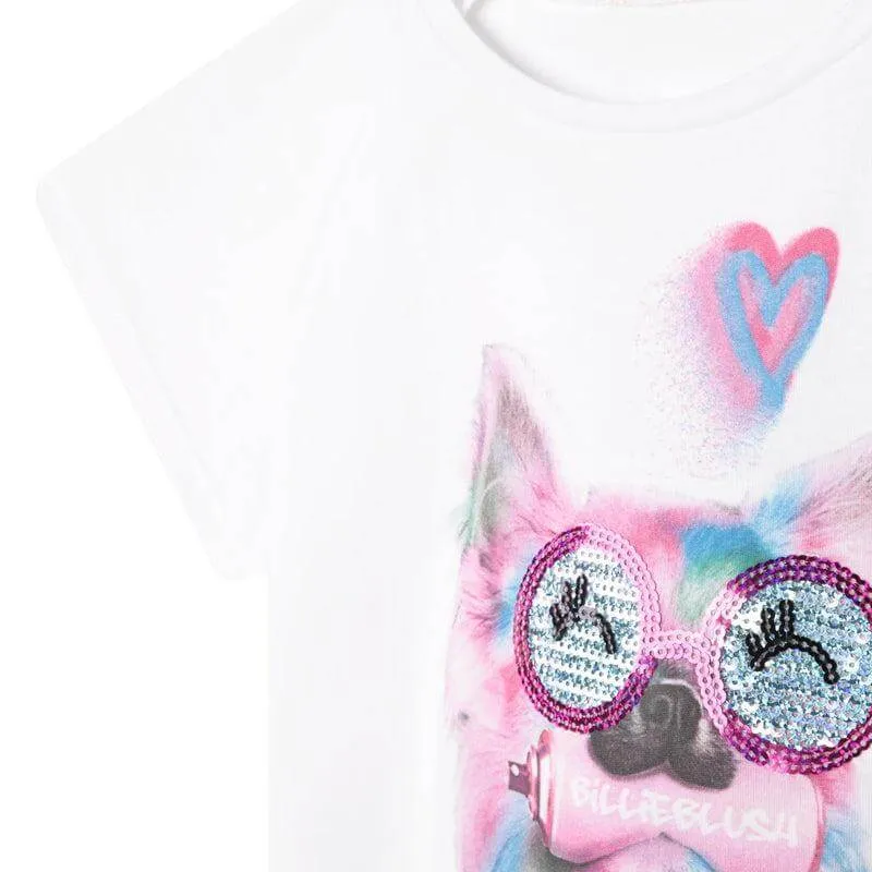 Girls White Cotton Dog Print T-shirt