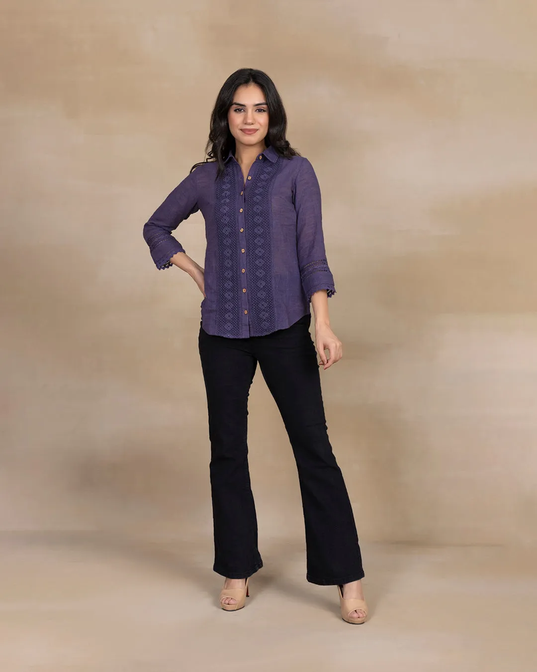 Greyish Blue Cotton Linen Embroidred Ready To Wear Shirt