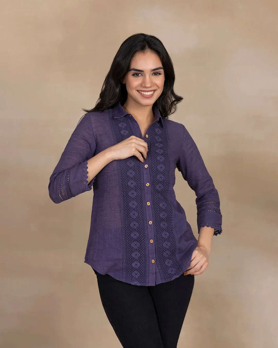 Greyish Blue Cotton Linen Embroidred Ready To Wear Shirt