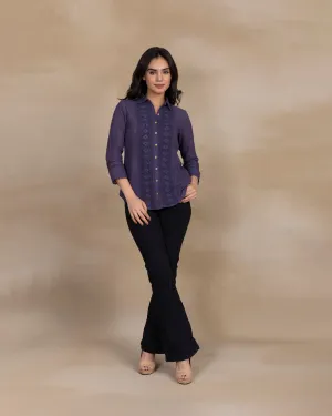 Greyish Blue Cotton Linen Embroidred Ready To Wear Shirt