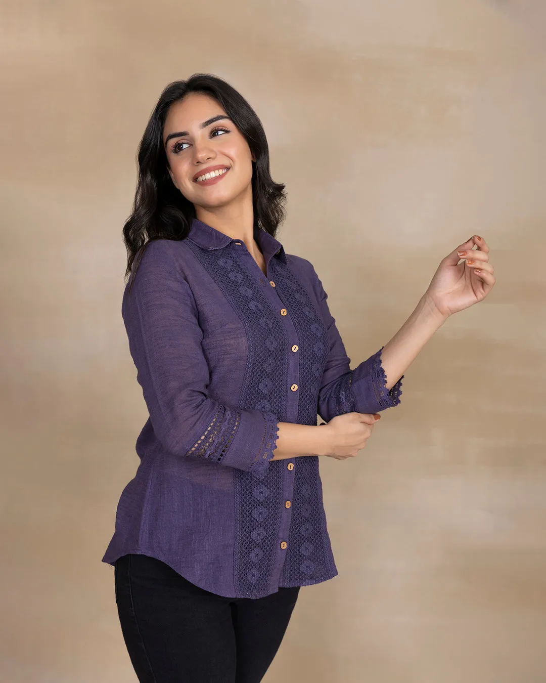 Greyish Blue Cotton Linen Embroidred Ready To Wear Shirt
