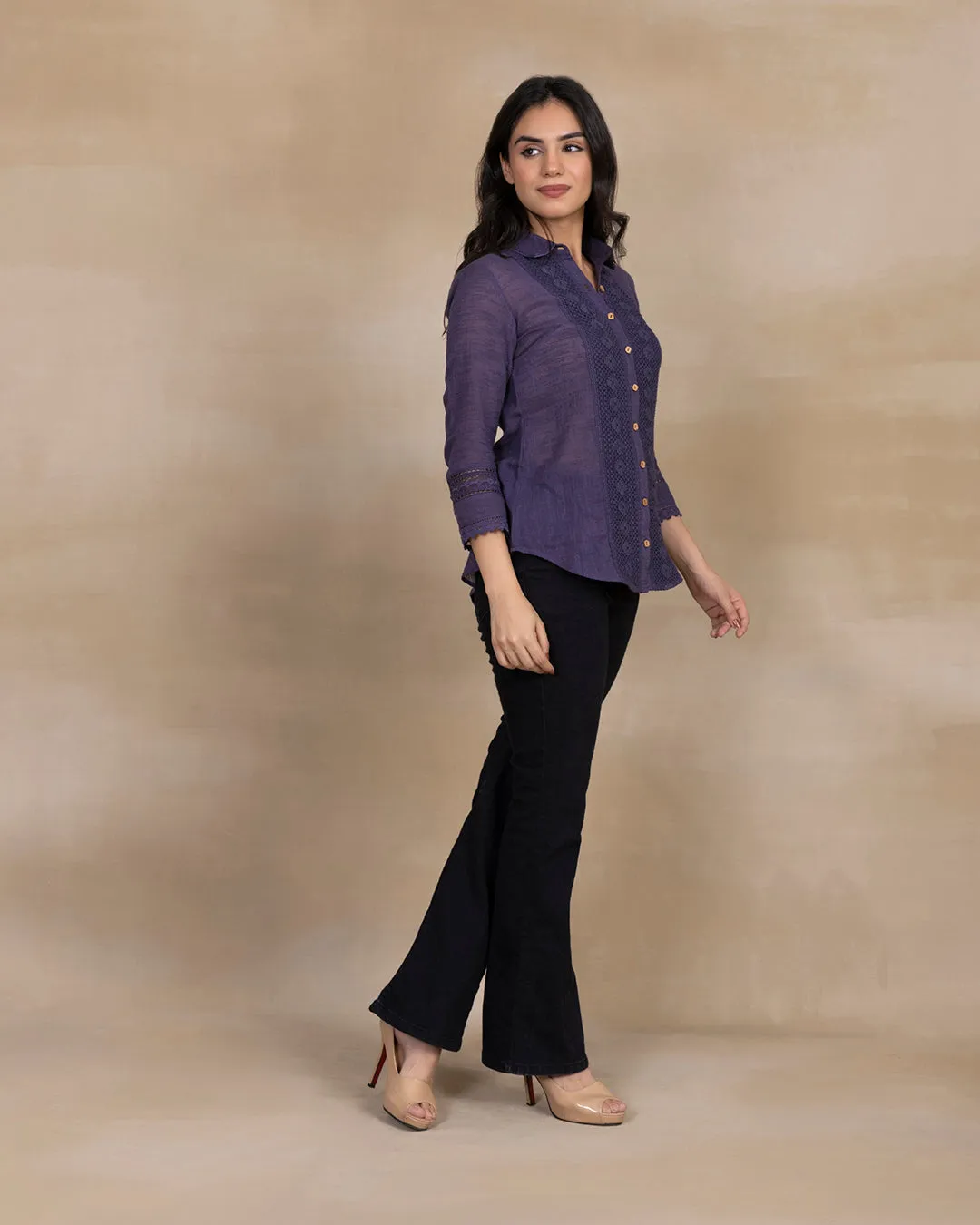 Greyish Blue Cotton Linen Embroidred Ready To Wear Shirt